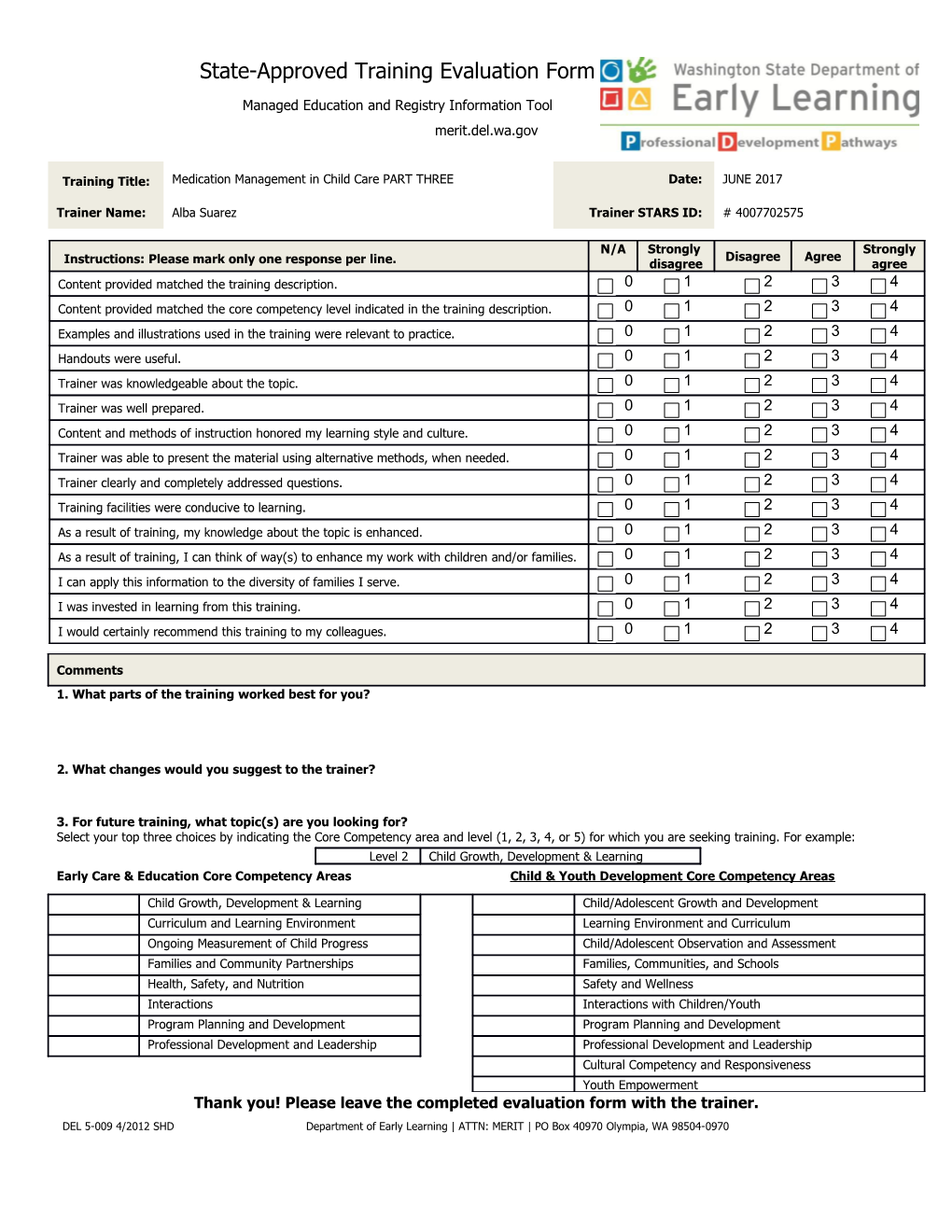 Thank You! Please Leave the Completed Evaluation Form with the Trainer