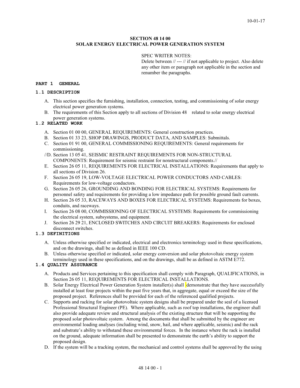 Section 48 14 00, Solar Energy Electrical Power Generation System