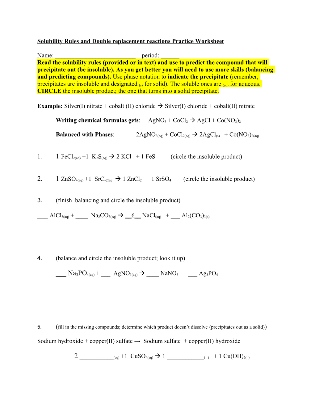 Solubility Rules and Double Replacement Reactions Practice Worksheet