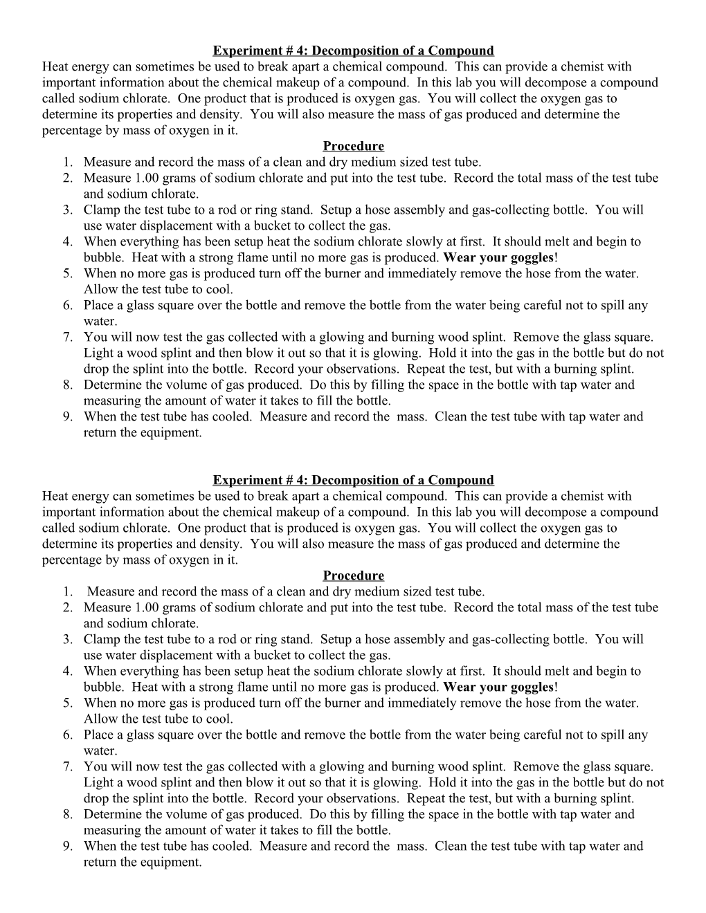 Experiment # 7: Decomposition of a Compound