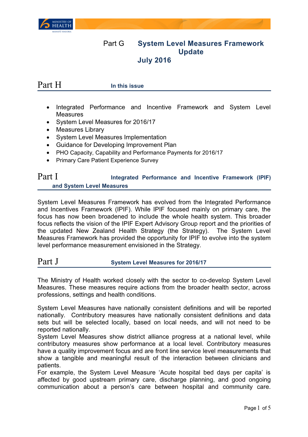 System Level Measures Framework Update: July 2016