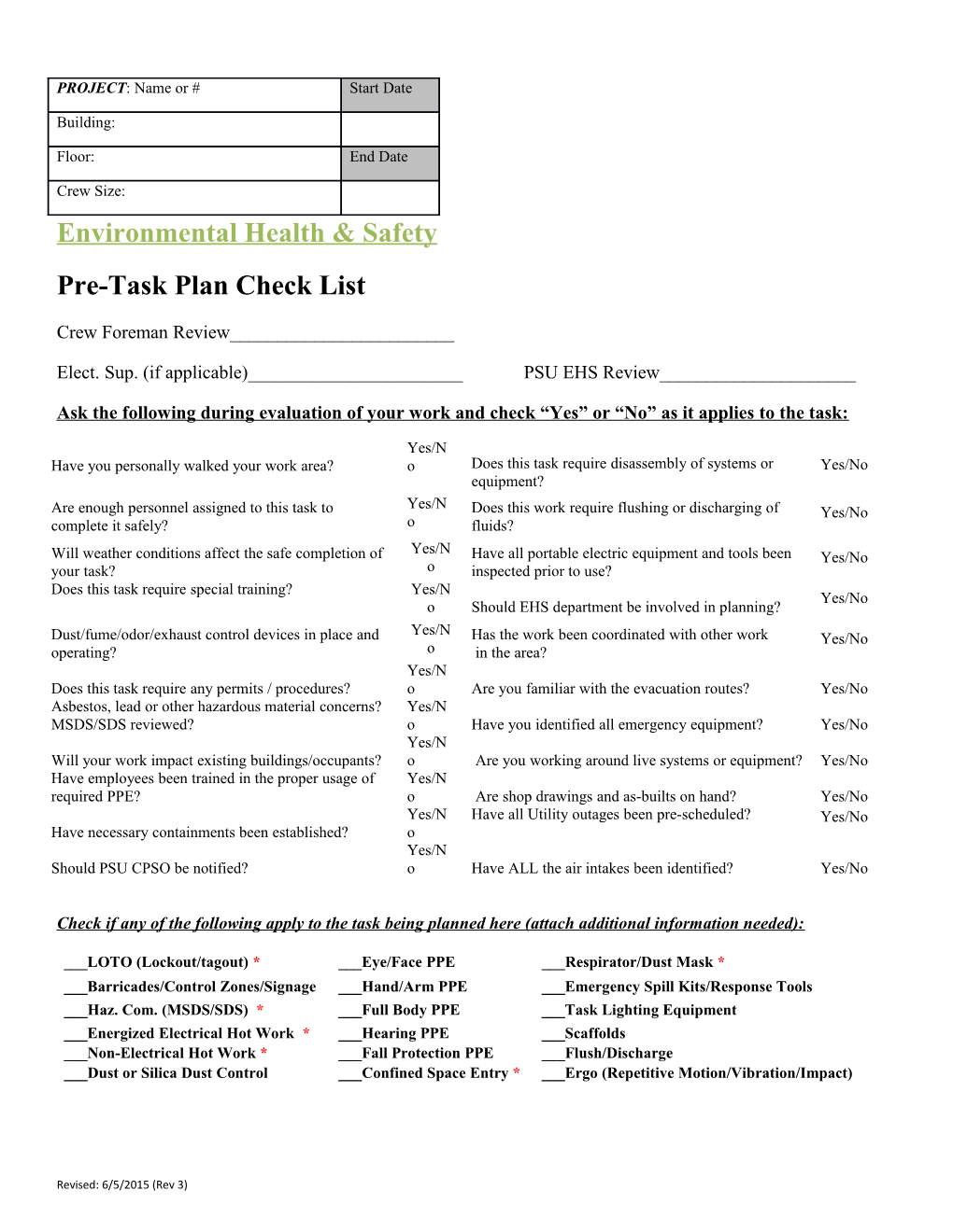 Pre-Task Plan Check List