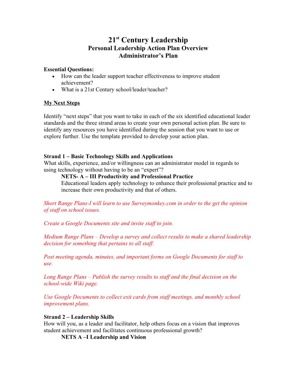 Personal Leadership Action Plan Overview