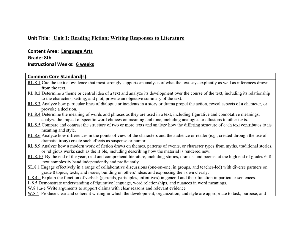 Unit Title: Unit 1: Reading Fiction; Writing Responses to Literature