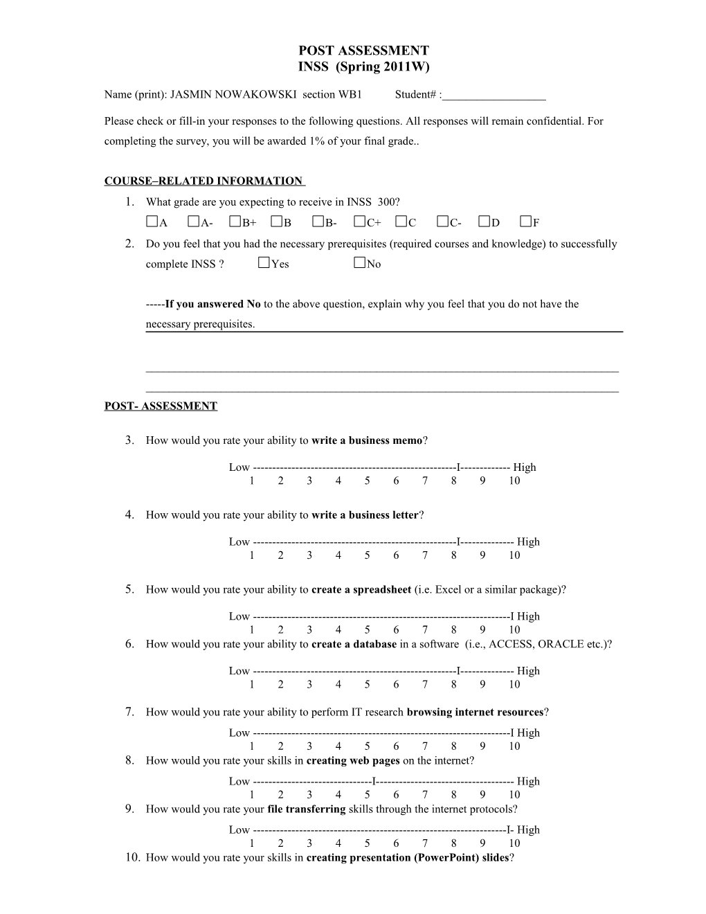 Name (Print): JASMIN NOWAKOWSKI Section WB1 Student# :______