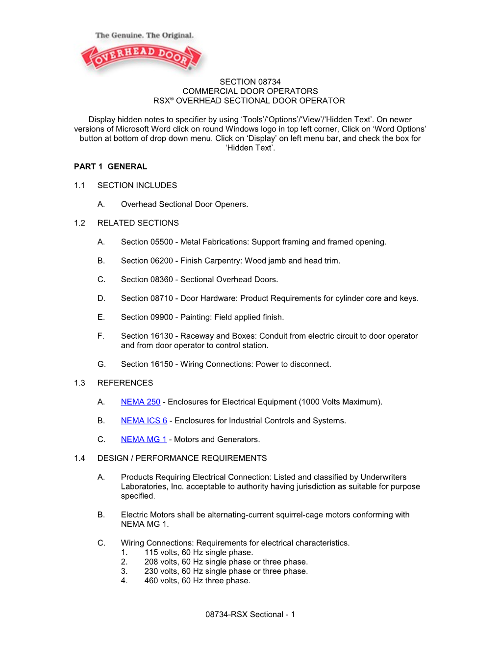 Operator RSX Specs for Sectional