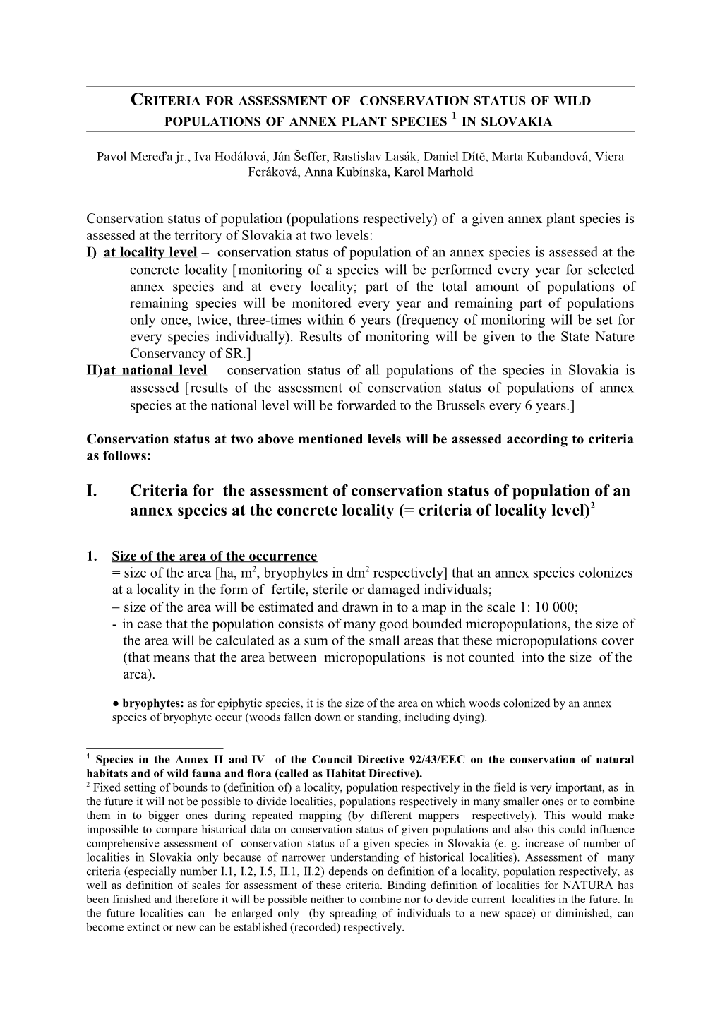 Criteria for Assessment of Conservation Status of Wild Populations of Annex Plant Species