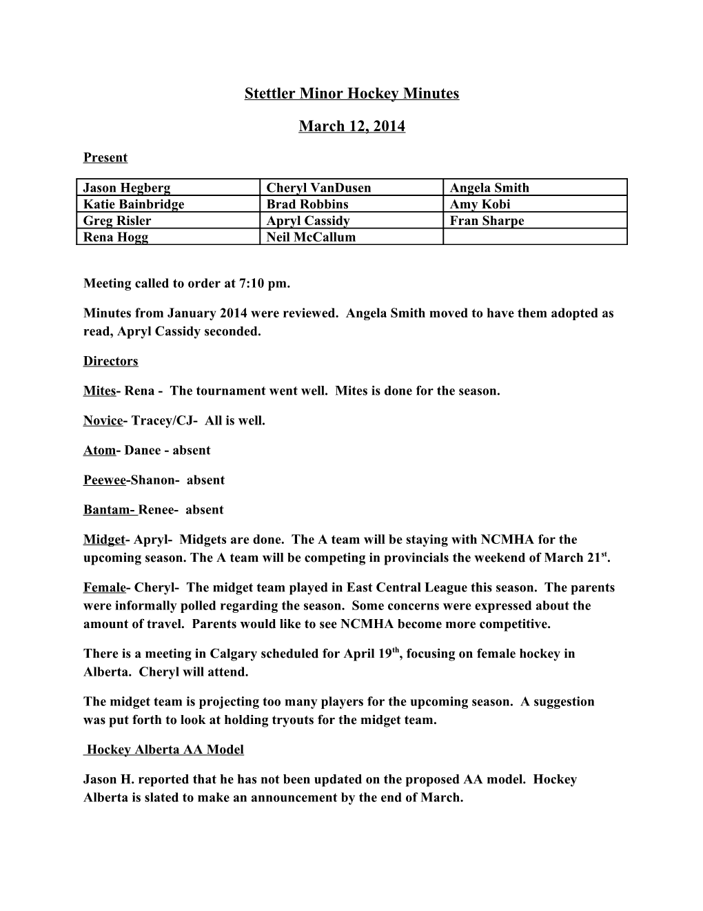 Stettler Minor Hockey Minutes