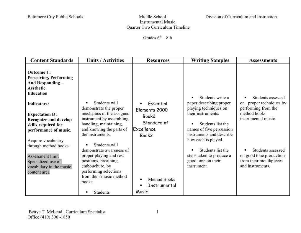 Baltimore City Public Schools Middle Schooldivision of Curriculum and Instruction