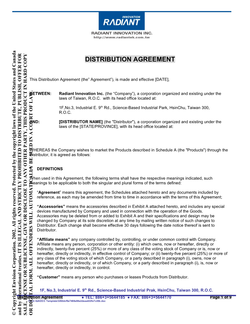 This Distribution Agreement (The Agreement ), Is Made and Effective DATE