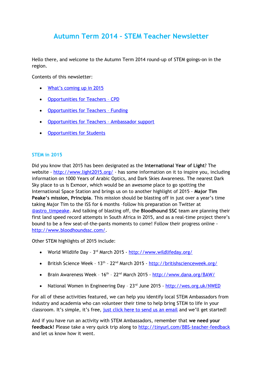 Autumn Term 2014 STEM Teacher Newsletter