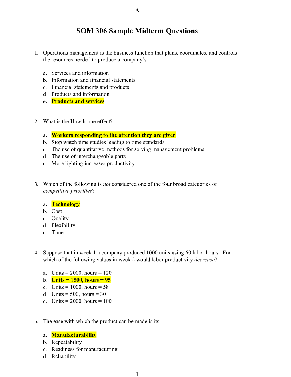 SOM 306 Sample Midterm Questions