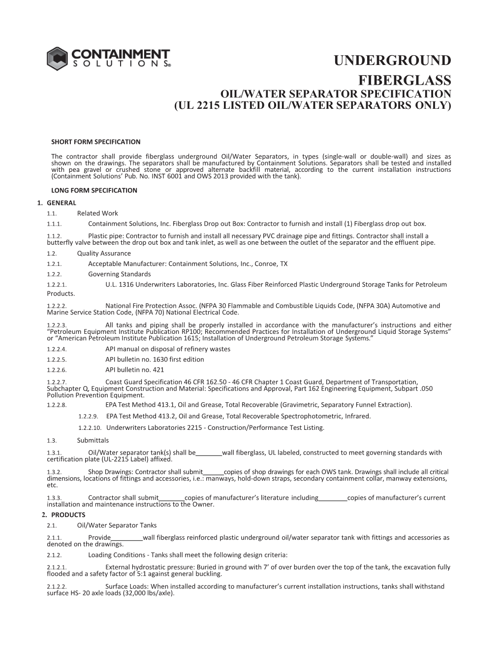 Oil/Water Separator Specification