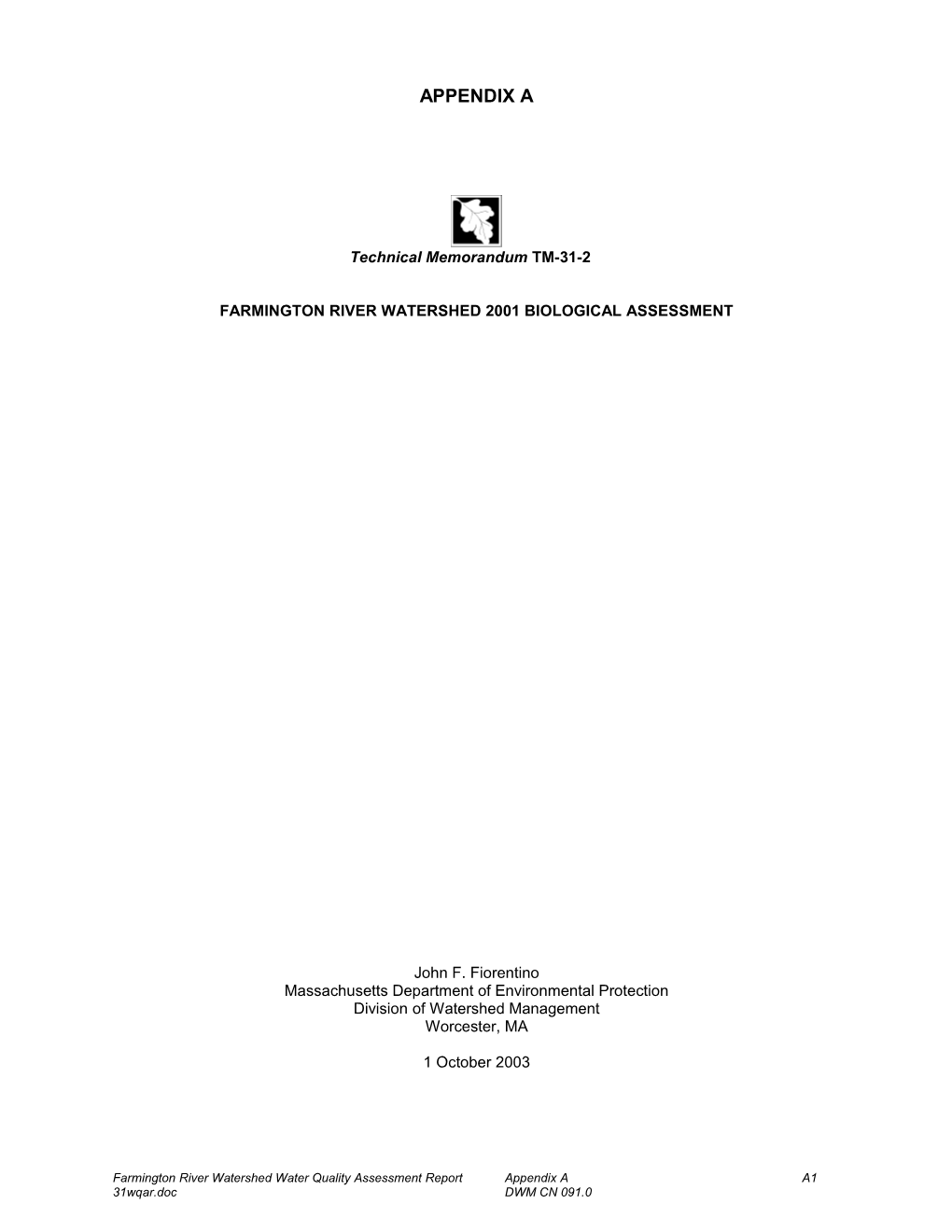 FARMINGTON RIVER Watershed 2001 Biological Assessment