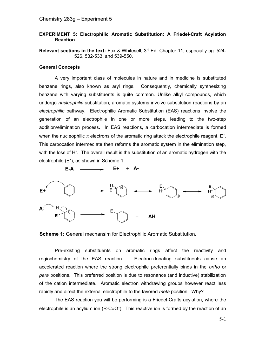 EXPERIMENT 4: Electrophilic Aromatic Substitution: a Friedel-Craft Acylation Reaction