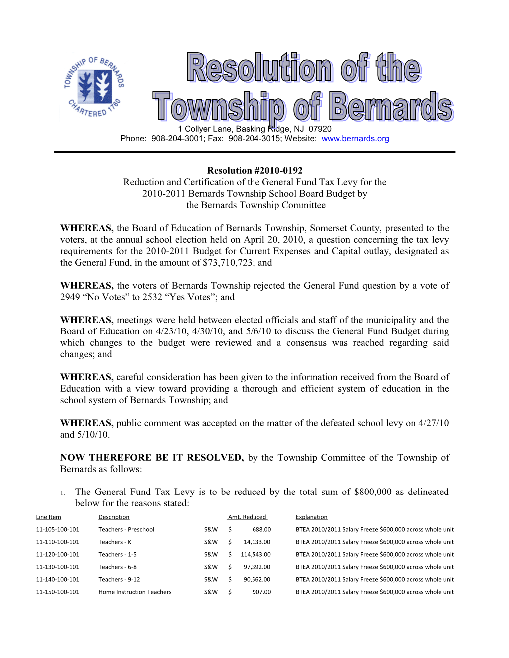 Reduction and Certification of the General Fund Tax Levy for The