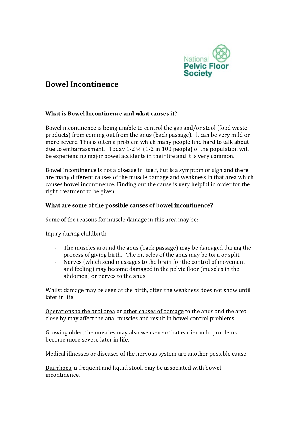 Draft Bowel Incontinence Patient Leaflet