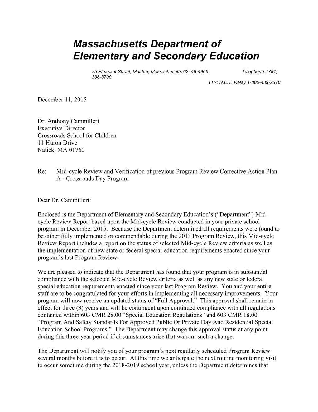 Crossroads School for Children Mid-Cycle Report 2016