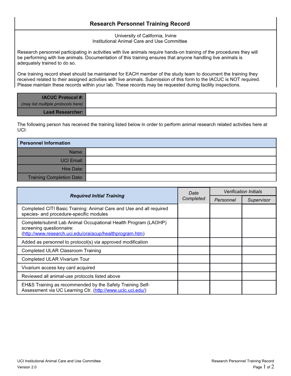 UCI Institutional Animal Care and Use Committeeresearch Personnel Training Record