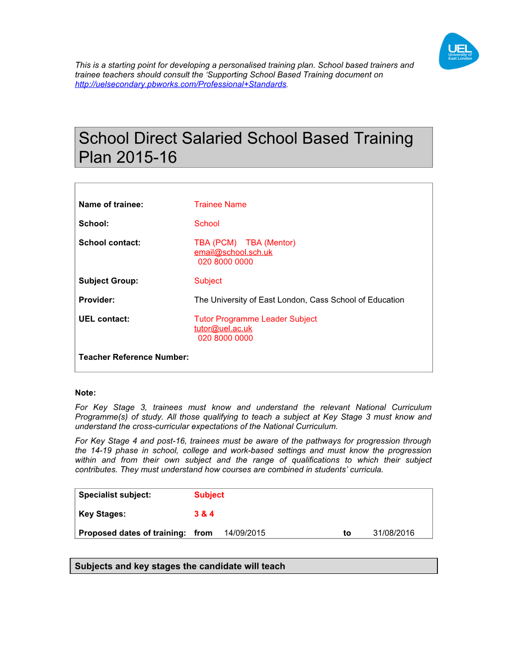 School Direct Salariedschool Based Training Plan 2015-16