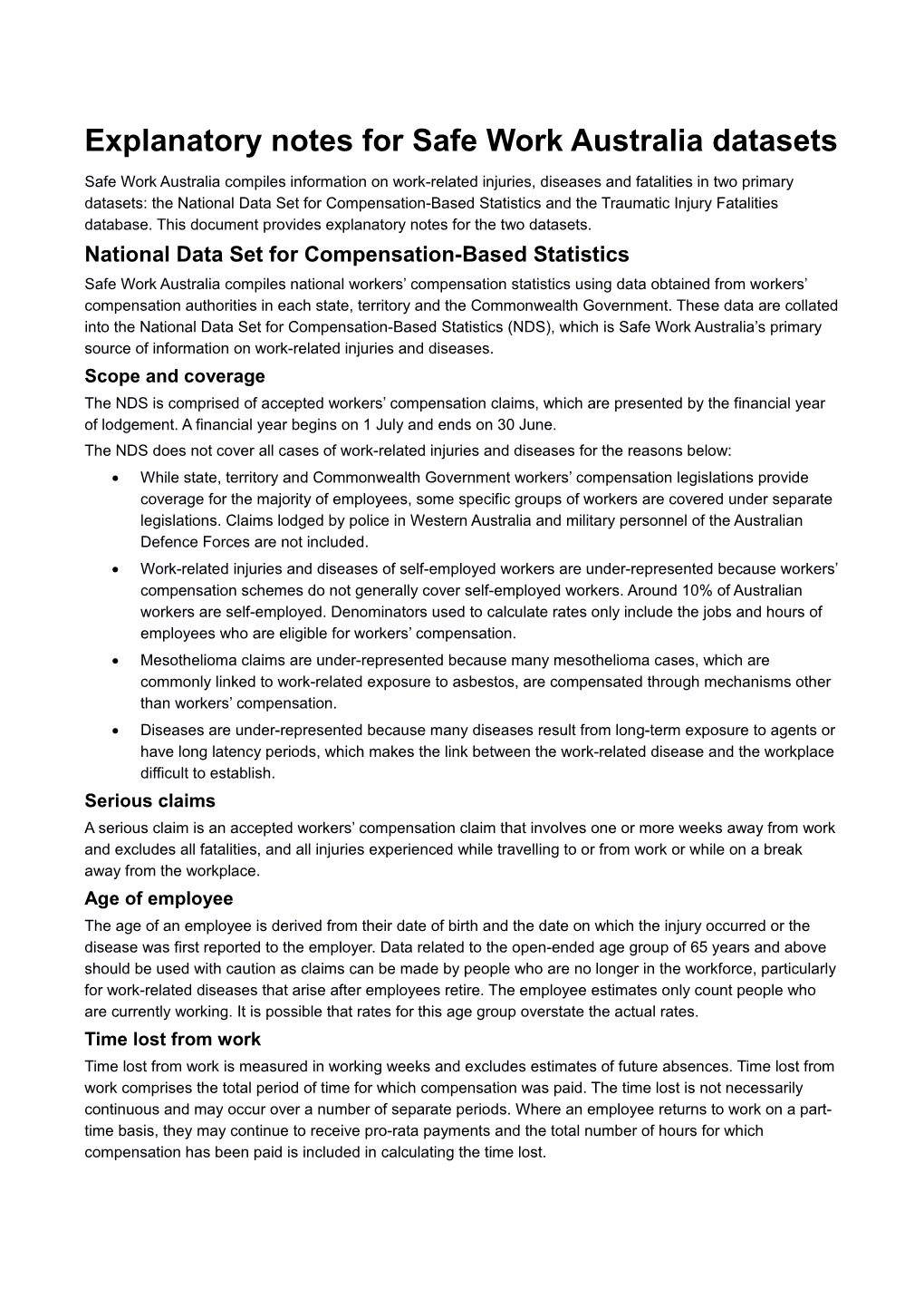 Explanatory Notes for Safe Work Australia Datasets