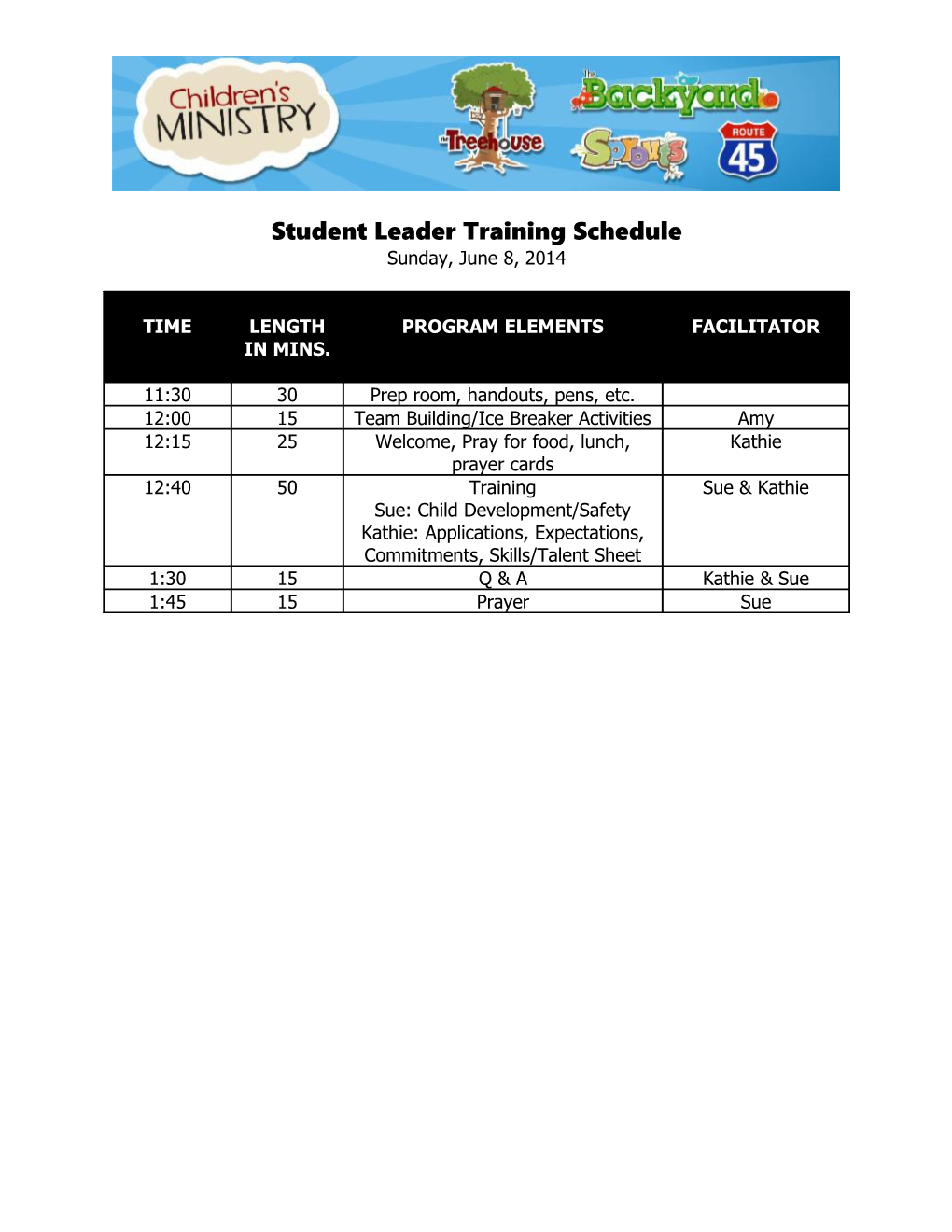 Student Leader Training Schedule