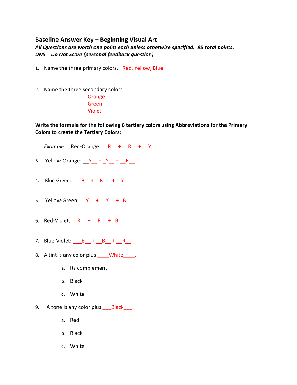 Baseline Answer Key Beginning Visual Art