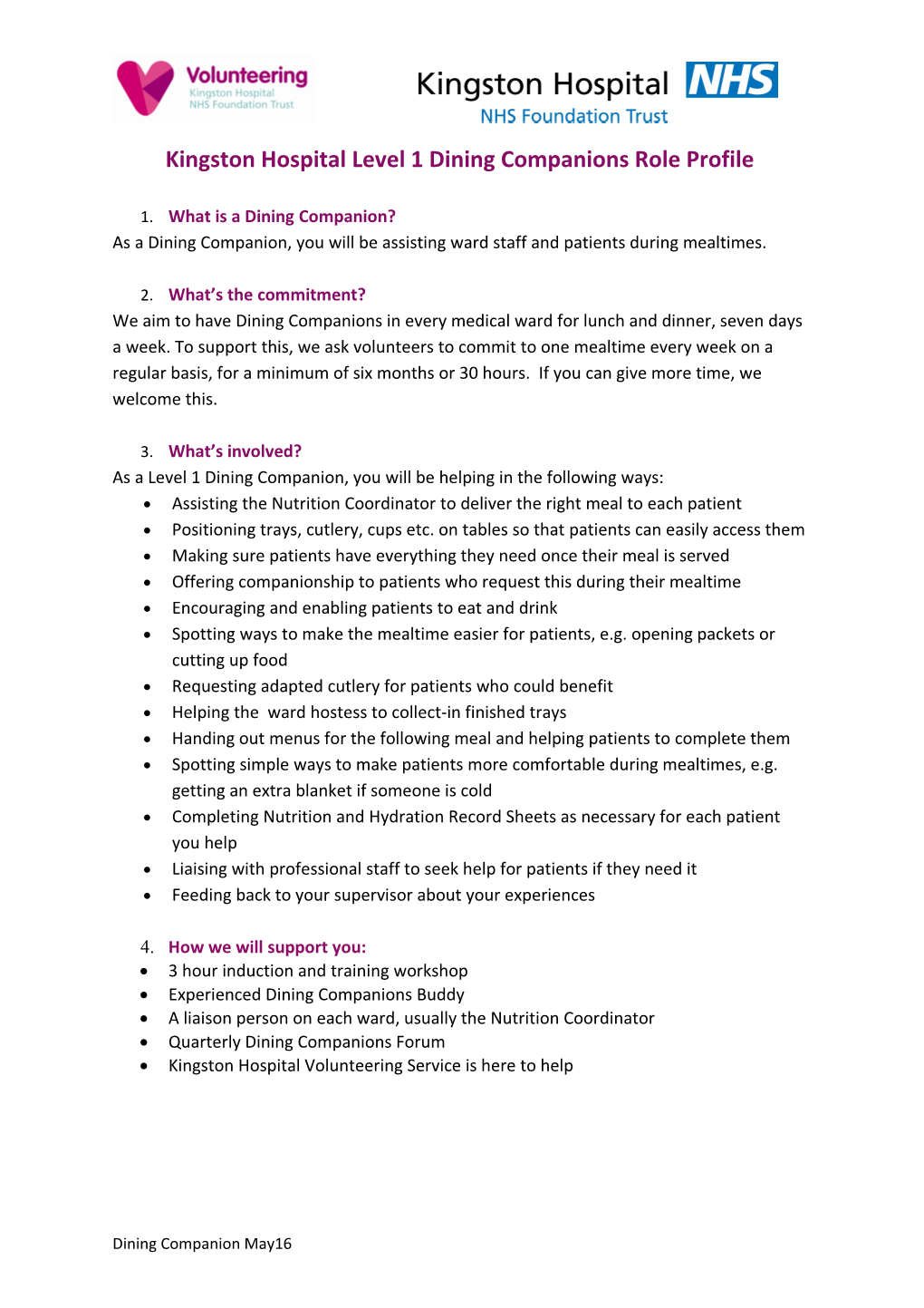 Kingston Hospital Level 1 Dining Companions Role Profile