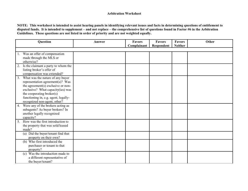 Arbitration Worksheet