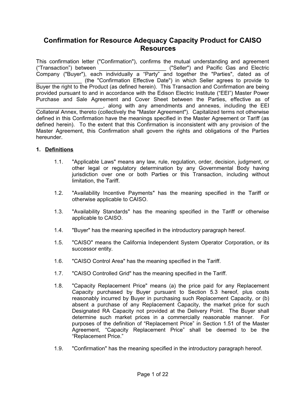 Confirmation Resource Adequacy Capacity Product for CAISO Resources