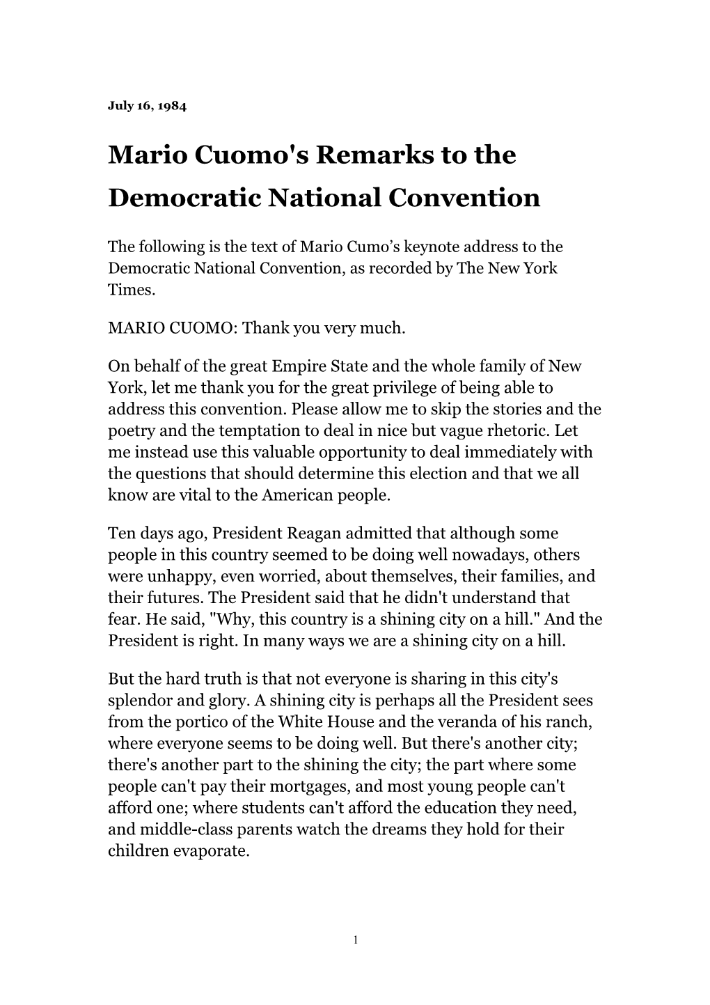 Mario Cuomo's Remarks to the Democratic National Convention