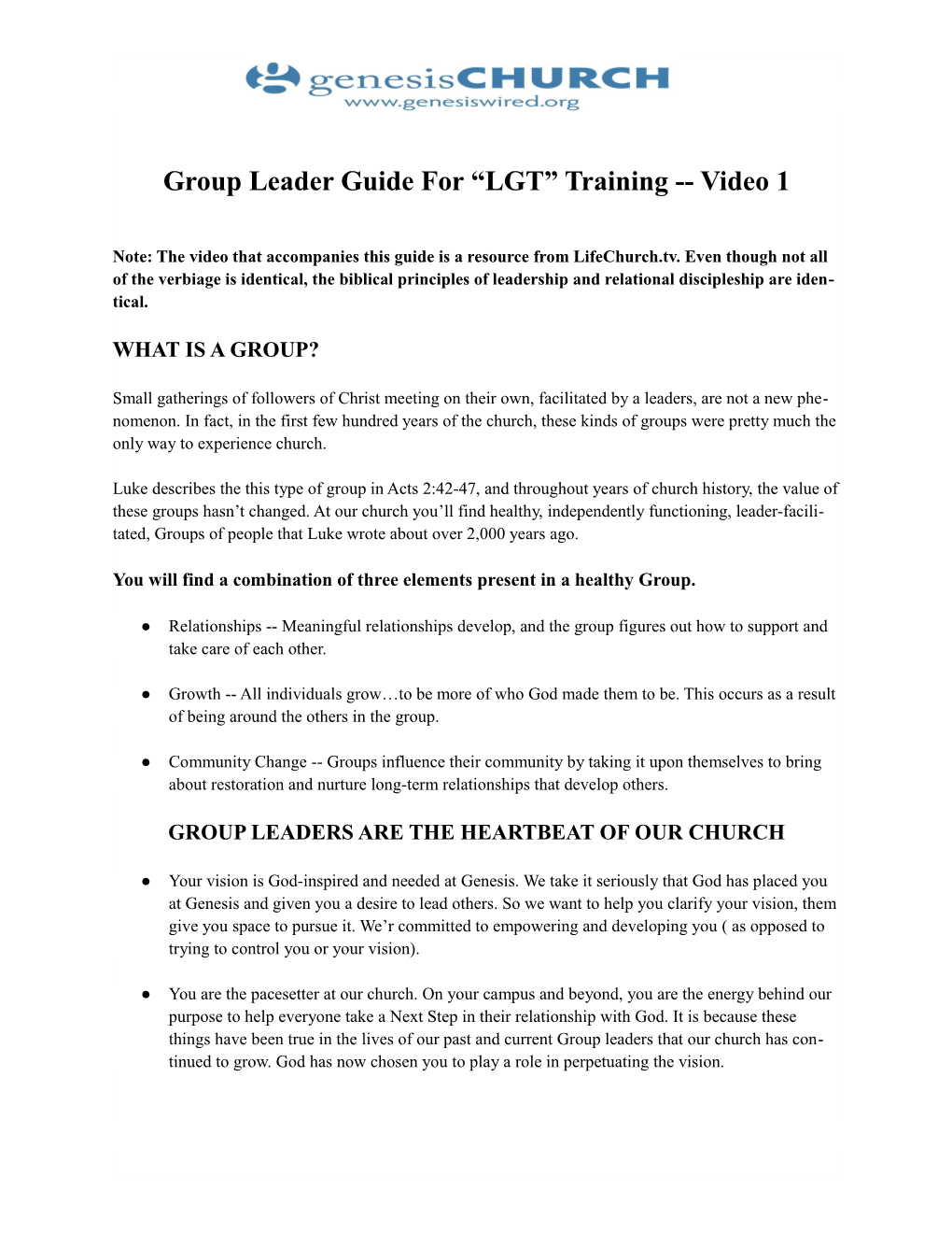Group Leader Guide for LGT Training Video 1