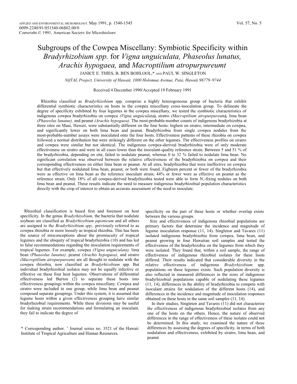 APPLIED and ENVIRONMENTAL MICROBIOLOGY, May 1991, P