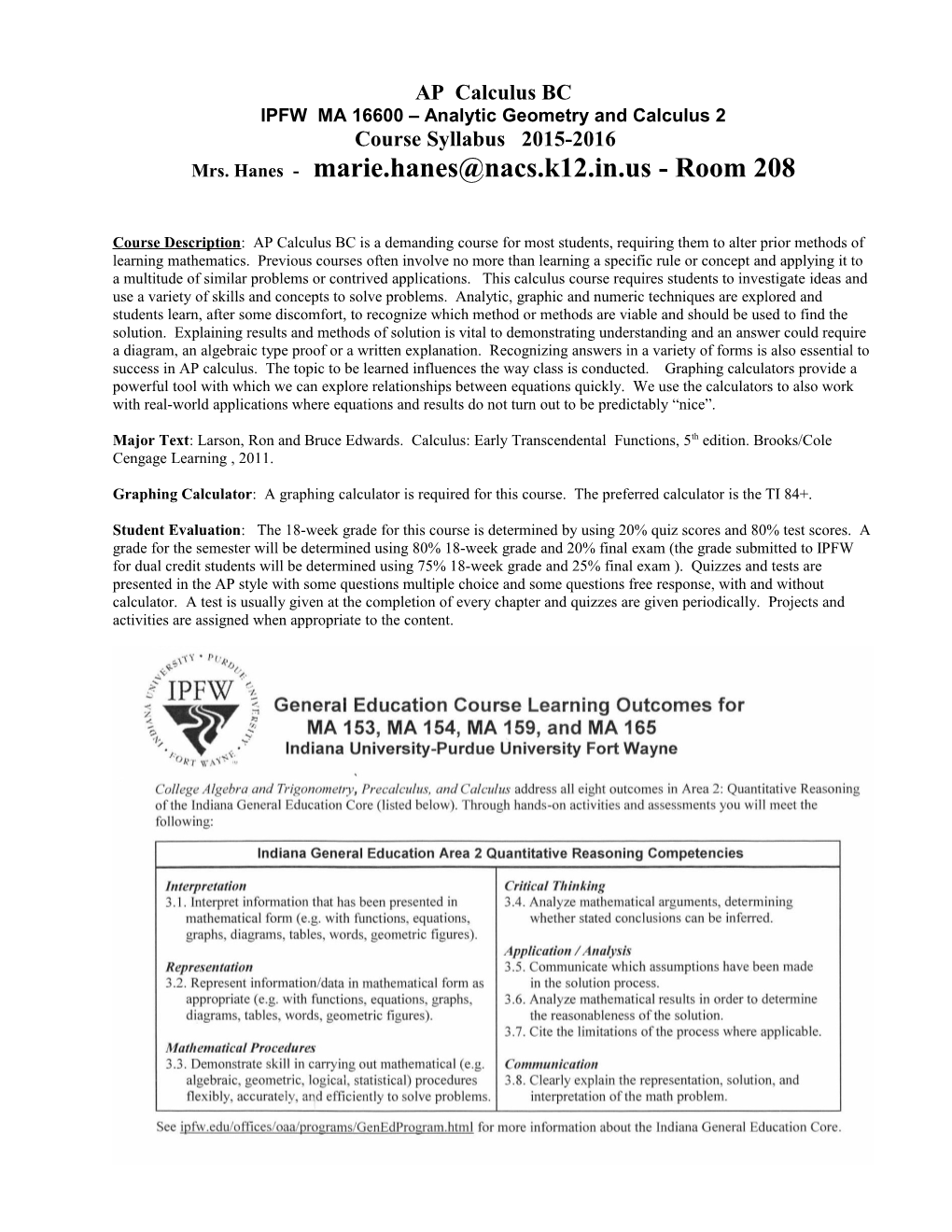 IPFW MA 16600 Analytic Geometry and Calculus 2