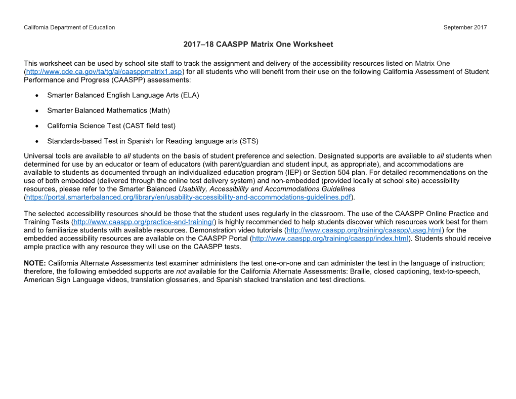 CAASPP Accessibility Resources Worksheet - CAASPP (CA Dept of Education)