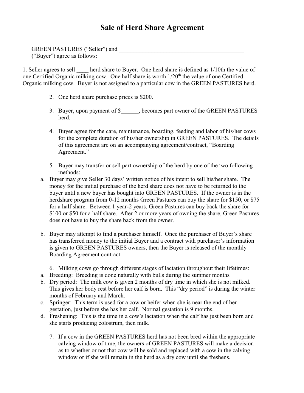 Sale of Herd Share Agreement