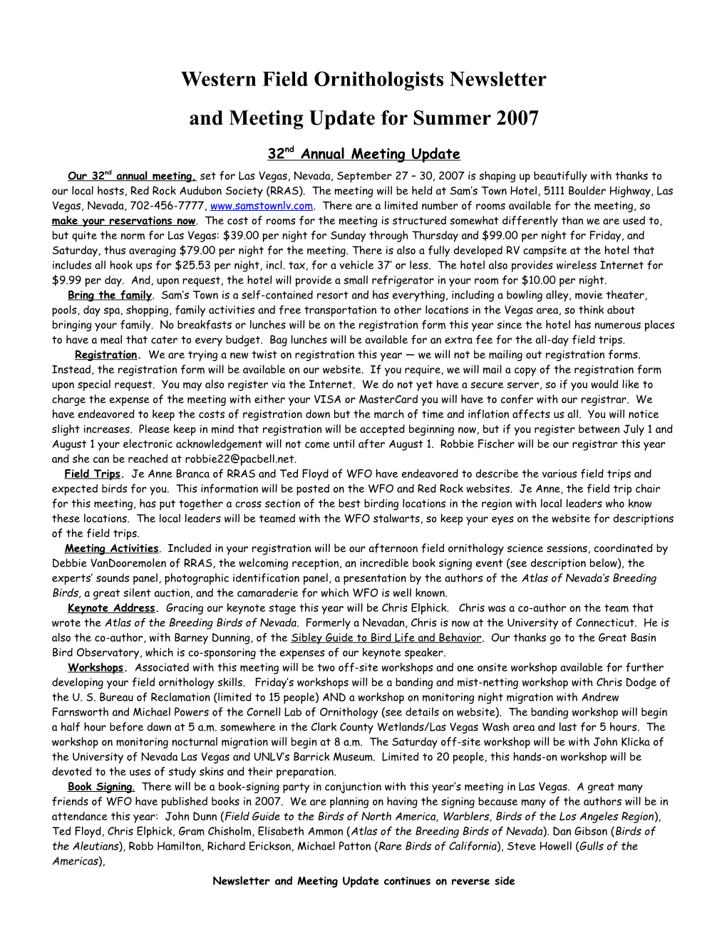 Western Field Ornithologists Newsletter & Meeting Update for Summer 2007