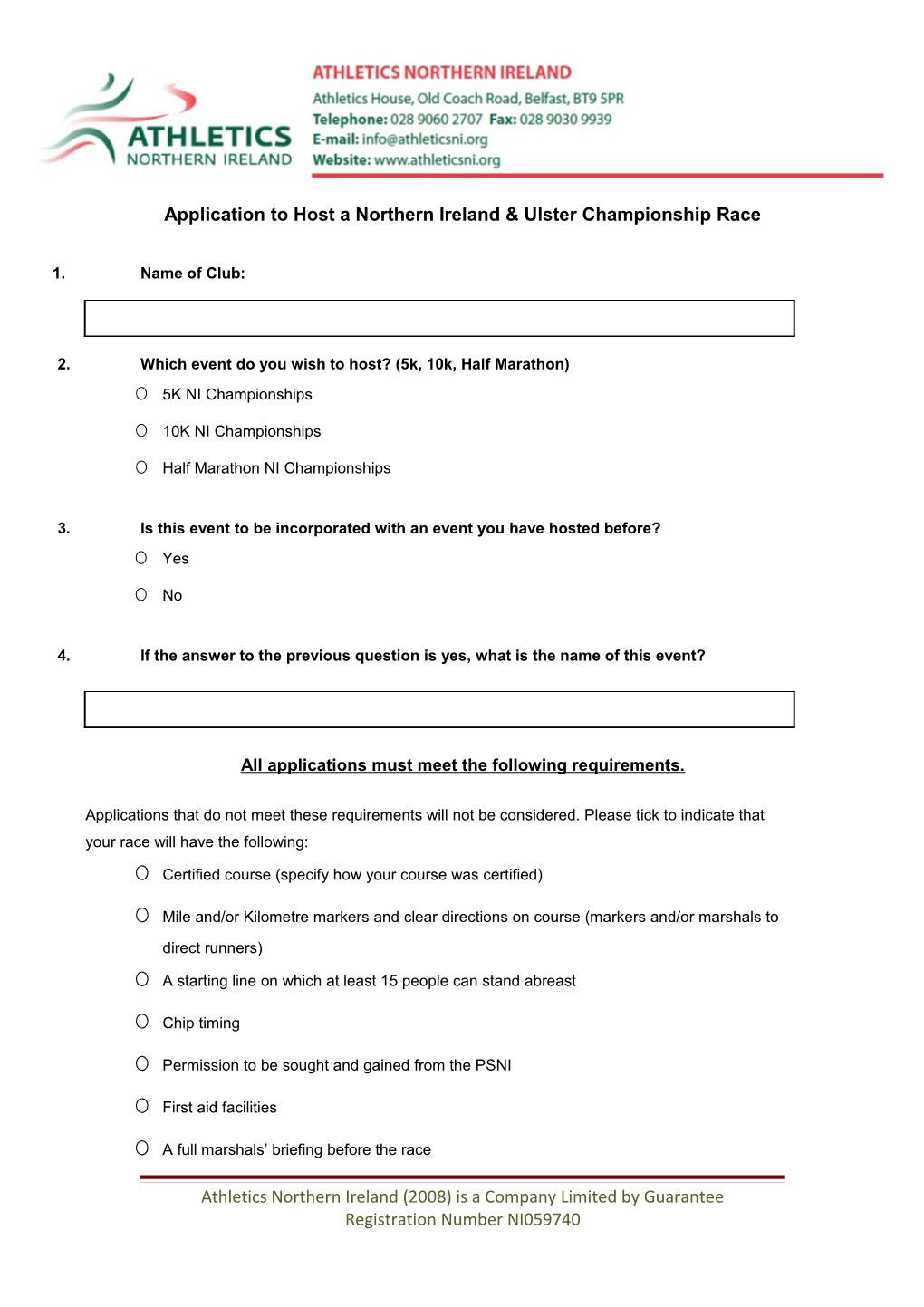 Application to Host a Northern Ireland & Ulster Championship Race