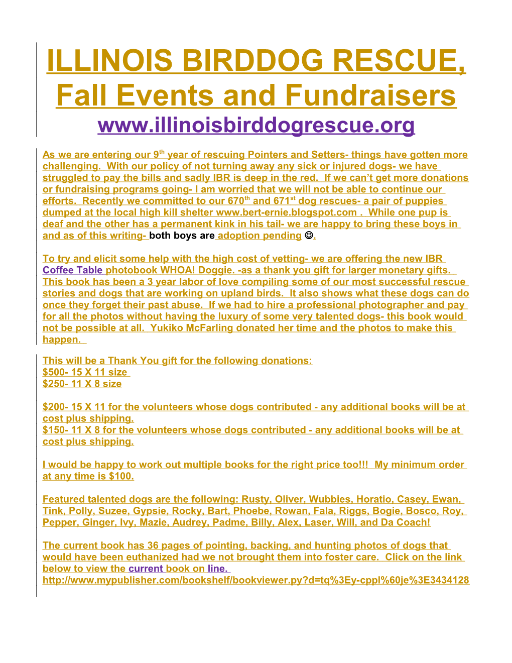 ILLINOIS BIRDDOG RESCUE, Fall Events and Fundraisers