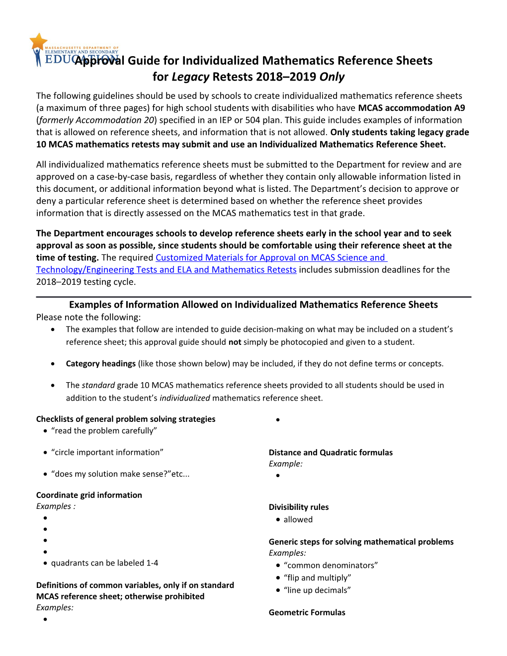 Approval Guide for Individualized Mathematics Reference Sheets 2018-2019 Retests