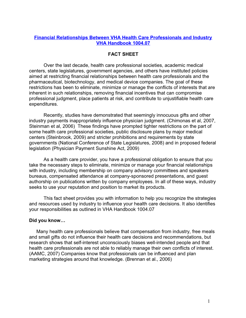 VHA Handbook 1004.07 Fact Sheet - US Department of Veterans Affairs