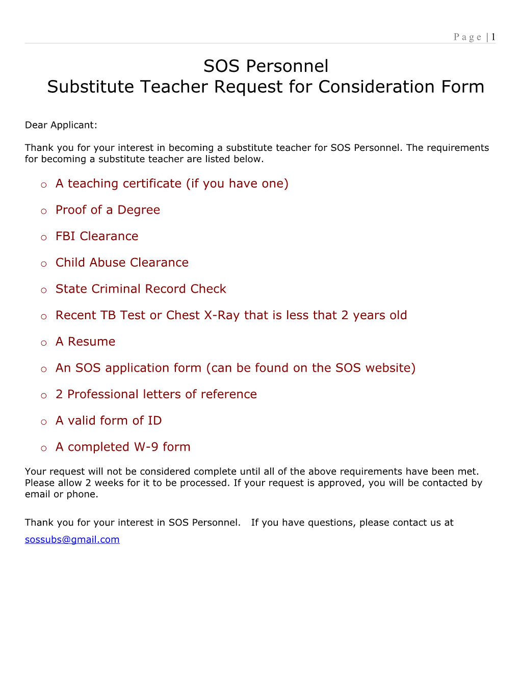 Substitute Teacher Application