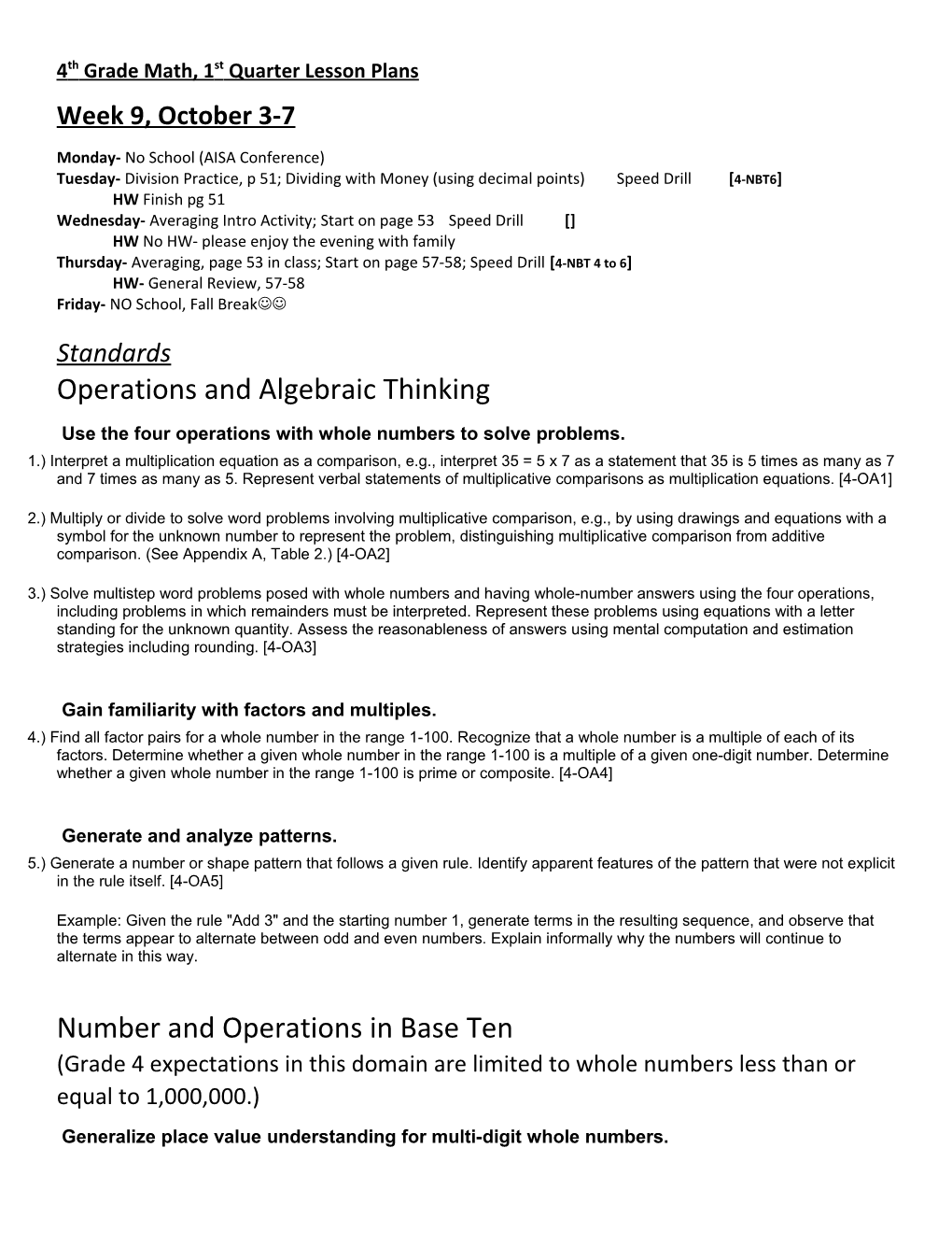 4Th Grade Math, 1St Quarter Lesson Plans