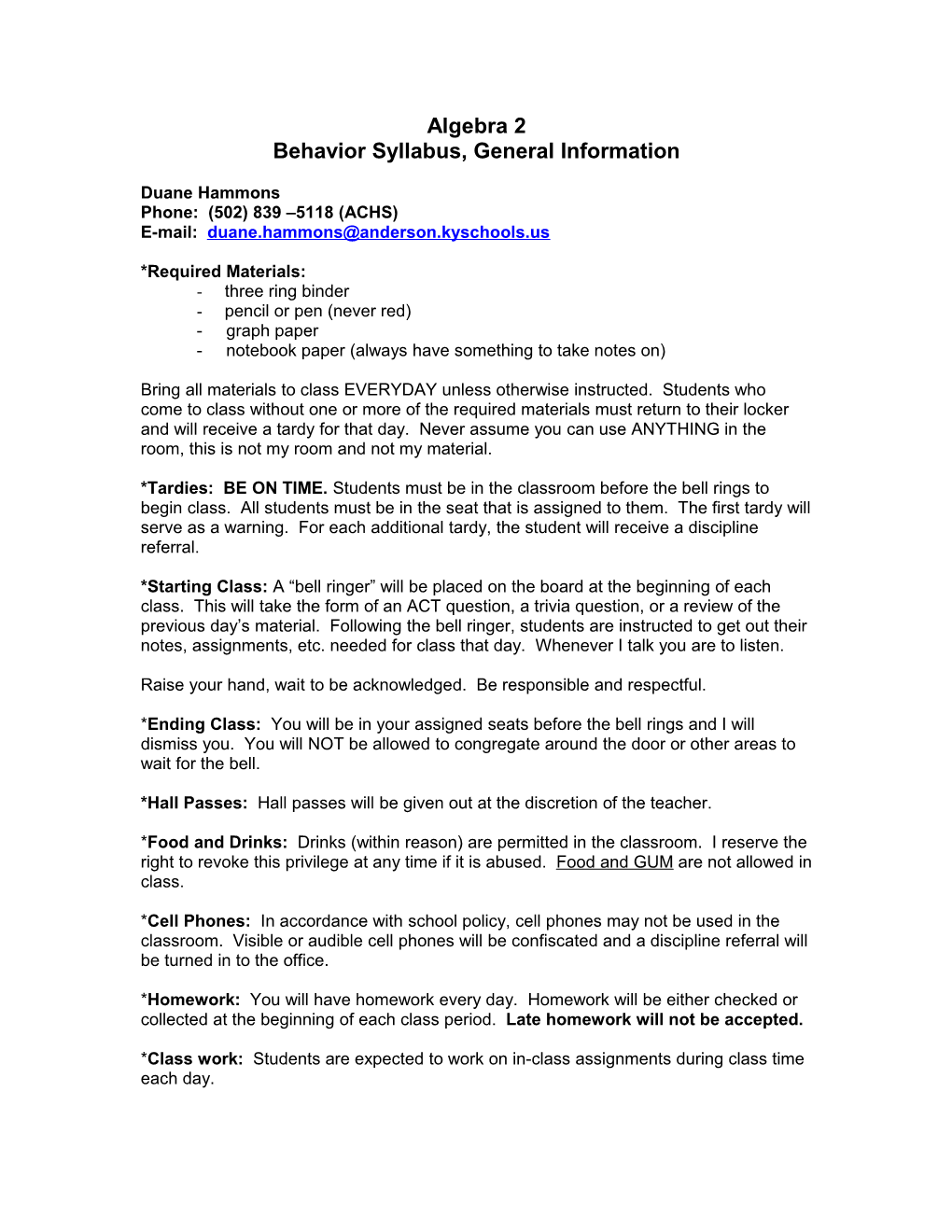 Behavior Syllabus, General Information