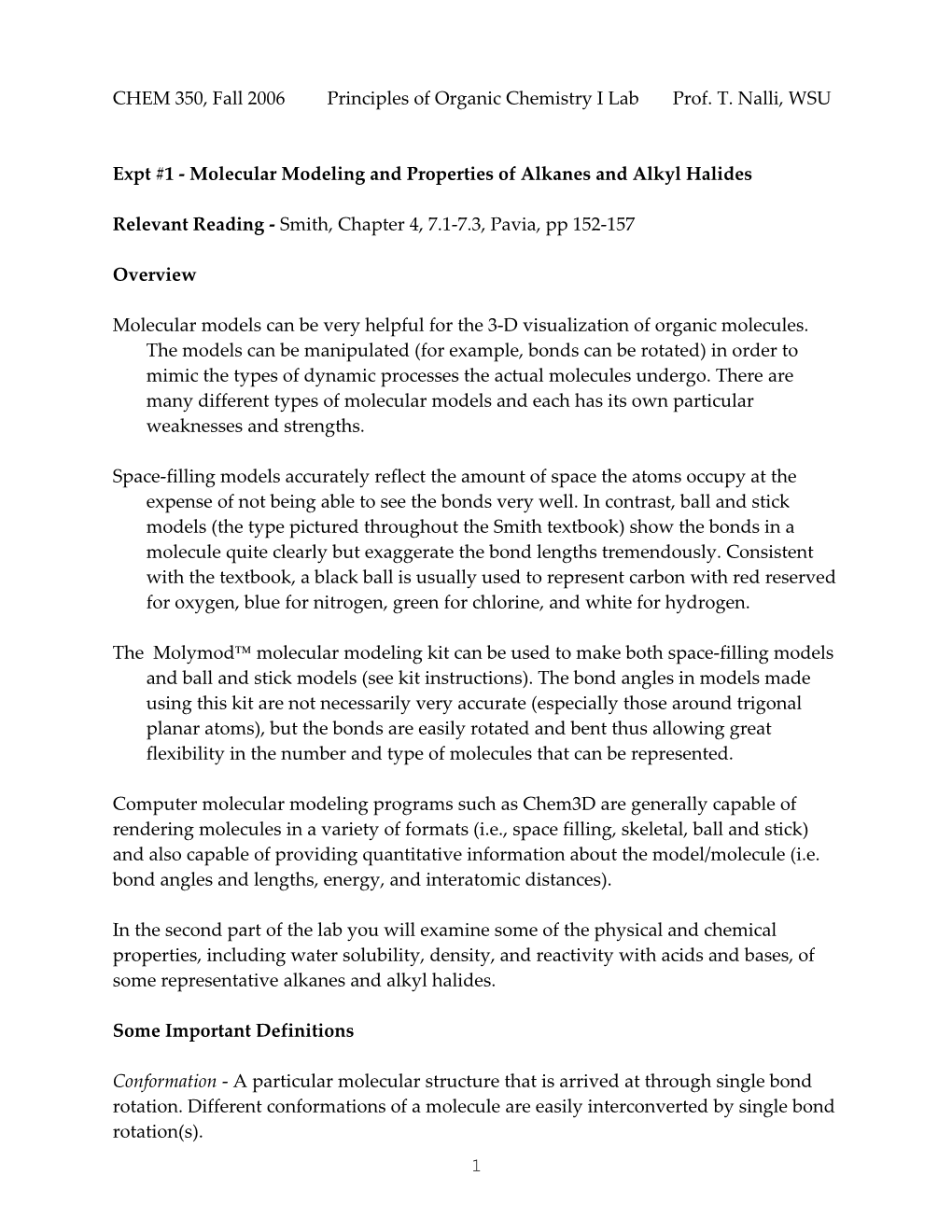 Expt #1 - Molecular Modeling and Properties of Alkanes and Alkyl Halides