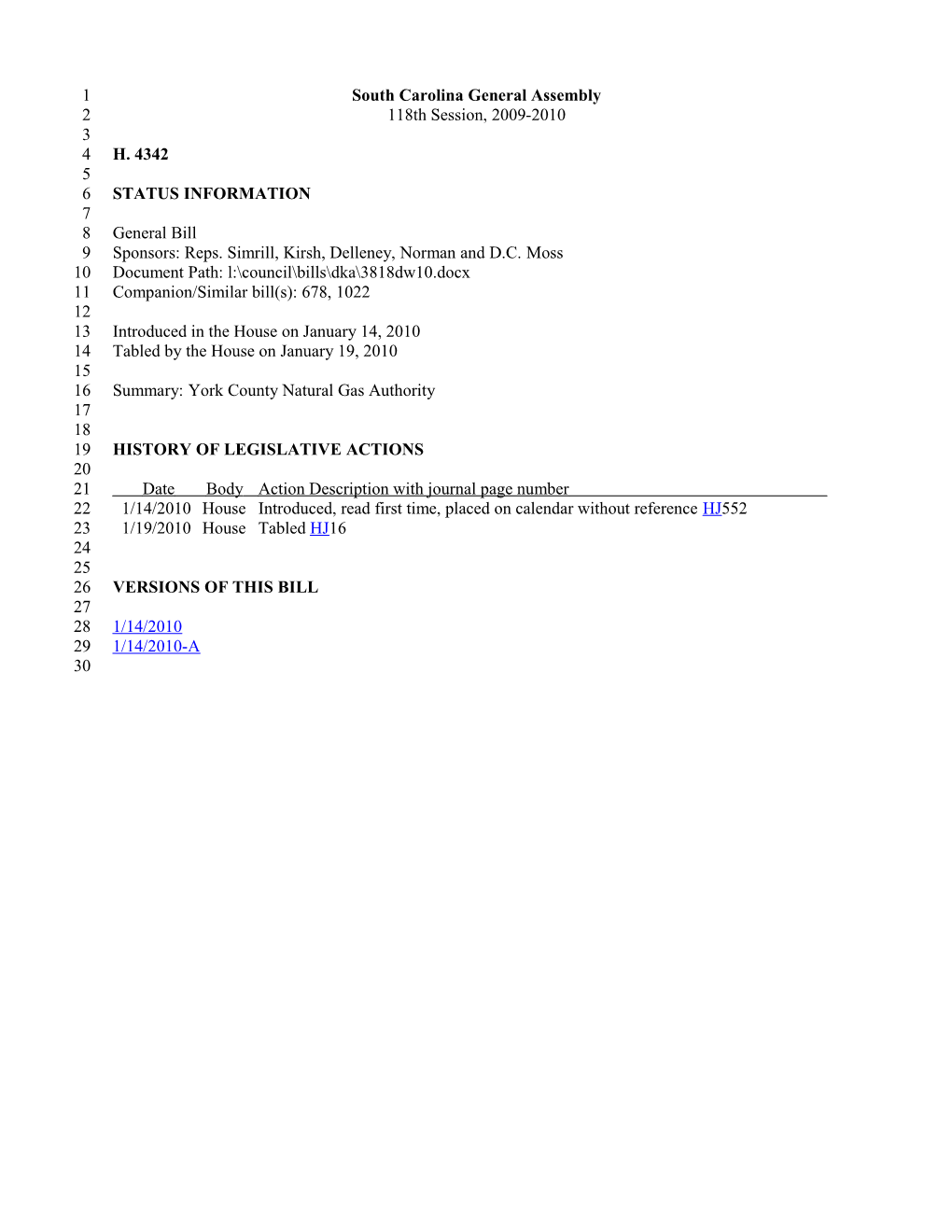 2009-2010 Bill 4342: York County Natural Gas Authority - South Carolina Legislature Online