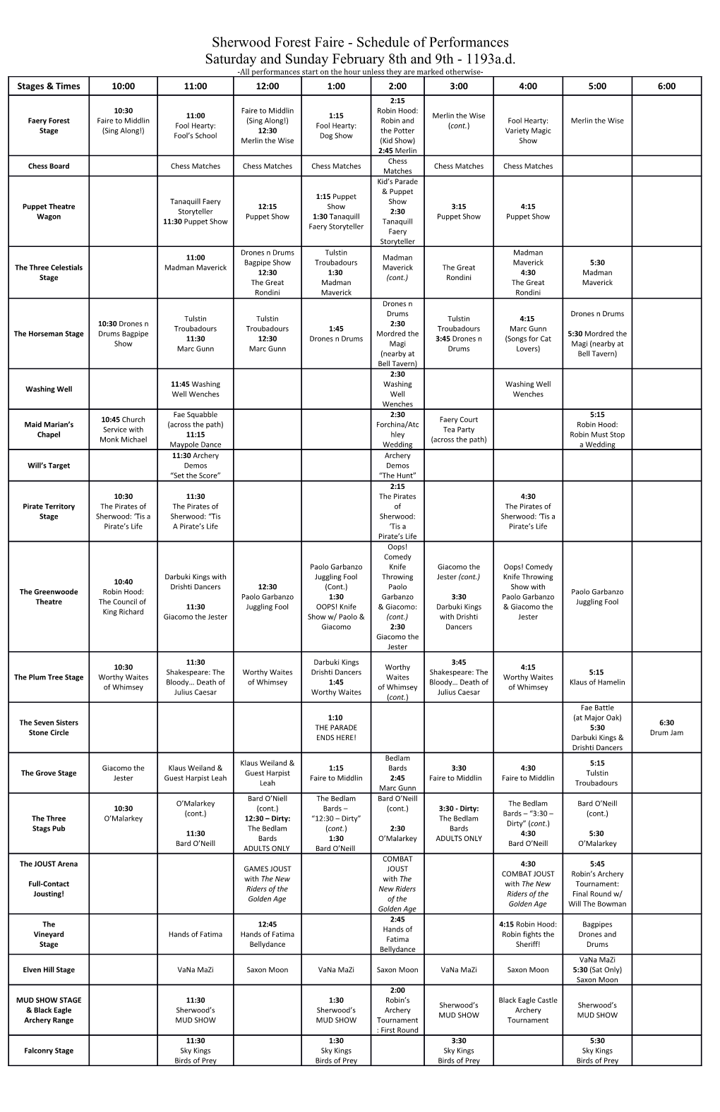 Sherwood Forest Faire- Schedule of Performances