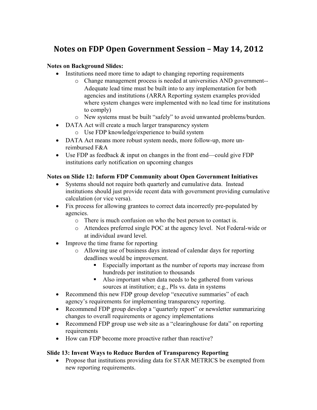 Notes on FDP Open Government Session May 14, 2012