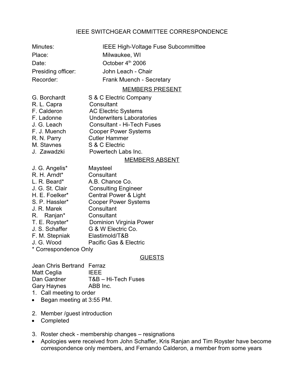 Ieee Switchgear Committee Correspondence