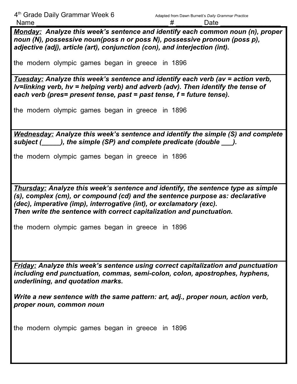 4Th Grade Daily Grammar Week 6 Adapted from Dawn Burnett S Daily Grammar Practice